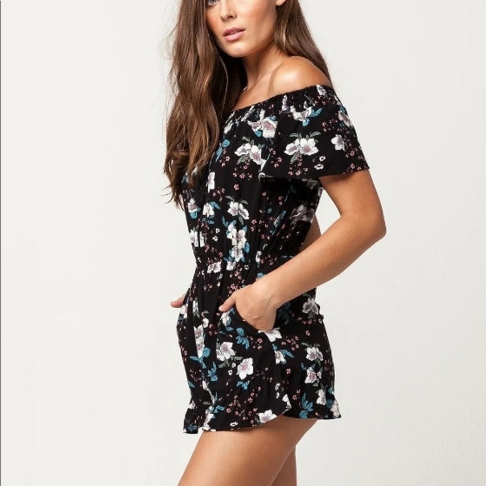 black tassel floral romper off the shoulder